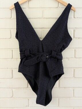 Jonathan Simkhai L Seaton LaceBlack Textured Eyelet Belted One-Piece Swimsuit